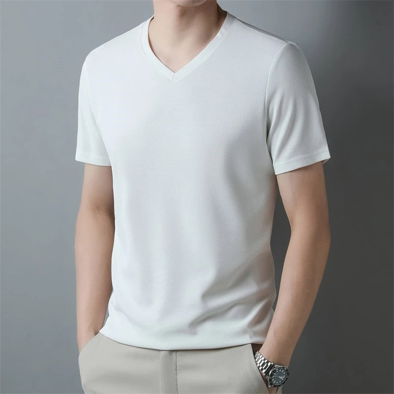 Men's V Neck T-Shirt – Lightweight Summer Shirt With Breathable Waffle Texture