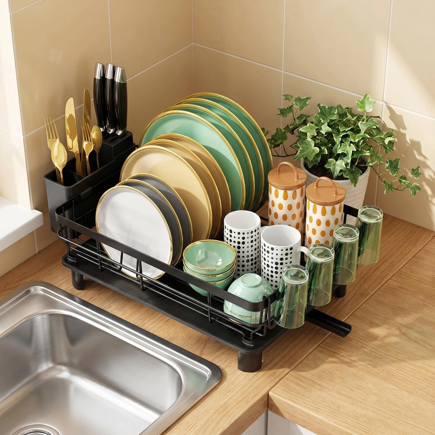 Large-capacity black carbon steel dish drying rack with cup holder and drainage system, kitchen storage organizer.