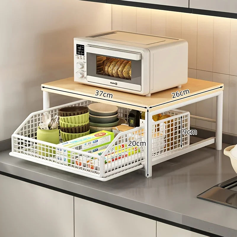 Kitchen Microwave Rack – Solid Wood Metal Storage Shelf With Drawer, Space-Saving Organizer