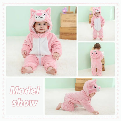 Baby Winter Rompers - Soft Polyester Hooded Jumpsuit With Animal Pattern, Machine Washable