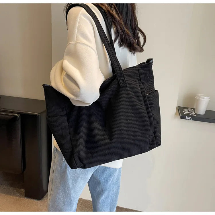 Corduroy Shoulder Bag - Large Capacity Crossbody Zipper Closure Purse