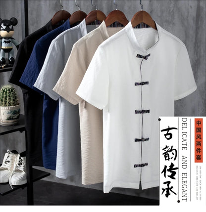 Shirts + Pants summer 100% Cotton linen shorts sleeve Men's Casual Sets Male Fashion trousers and shirts men full size M-5XL