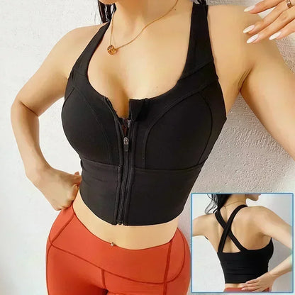 Front Zipper Sports Bra - Women's Athletic Crop Top, Push Up Wireless Fitness Tank