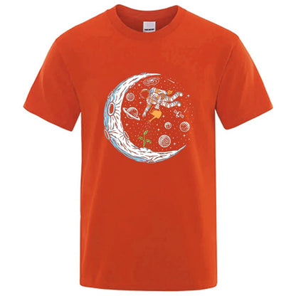 Summer Men T-shirt Cotton Blend Casual Funny Astronaut Design Print Loose O-neck T Shirt for Men Short Sleeve Male T-shirt Tees