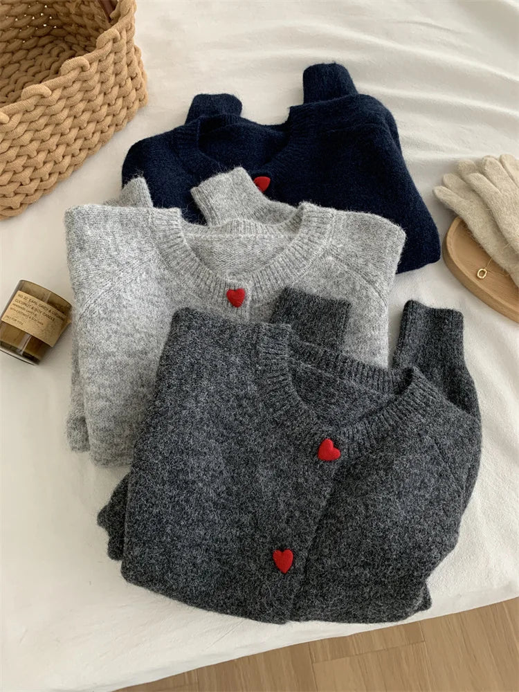 Deep Grey Wool Knitted Cardigan For Women 2026 Autumn Winter Soft And Sticky Warm Love Buckle Shoulder Sleeves
