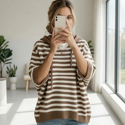 Hooded Pullover Top Women’s Hooded Striped Knit Sweater Loose Half Sleeve Pullover Autumn Winter Drawstring Hoodie for Comfort