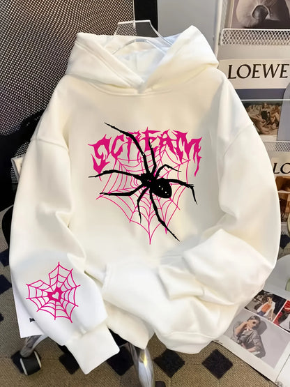 Fall Casual gothic Style Spider Web Print Hooded Sweatshirt for Men - Y2K Street Style Hip-Hop Long-Sleeved Pullover Hoodie