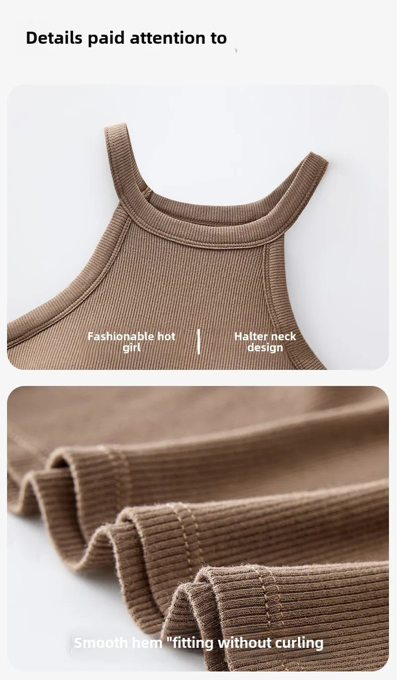 Threaded Halter Neck Camisole Top With Build-in Bra High Elastic Slim-fitting Sling Fixed Cup Breathable Women Underwear