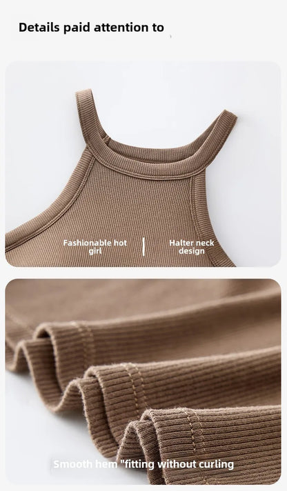 Threaded Halter Neck Camisole Top With Build-in Bra High Elastic Slim-fitting Sling Fixed Cup Breathable Women Underwear