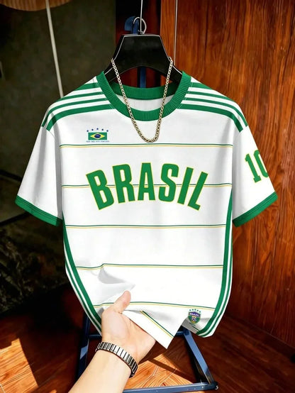 2026 Kids Brazil Football T-Shirt Soccer Jersey Stripe Retro Print Breathable Quick Dry Training Tee Fan Sport Tops For Men Women
