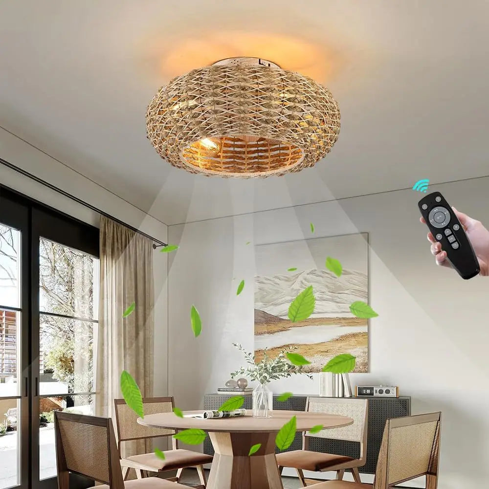 Bamboo Ceiling Fan Fans With Lights Remote Control Bedroom Decor Ventilator Lamp 50cm Air Invisible Blades Retractable Silent