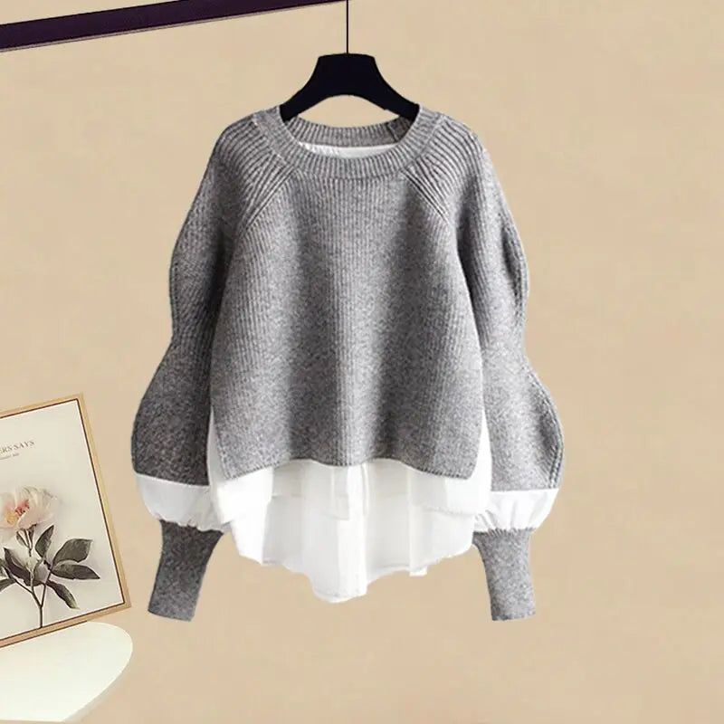 2025 Autumn/Winter New Korean Elegant Fake Two Piece Knit Sweater Top+Casual Pants Suit Women's Fashion Tracksuit Matching Set