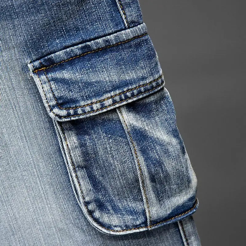 Luxury Fashion Solid Denim Shorts Men Summer Casual Knee Length Jean Shorts with Multiple Pockets Loose-Fit Cowboy Short Pants