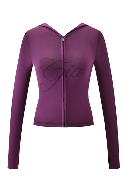 Gia neon pink regular shoulder slim-fit letter print topstitching design slim-fit hooded zip-up short jacket and pants set