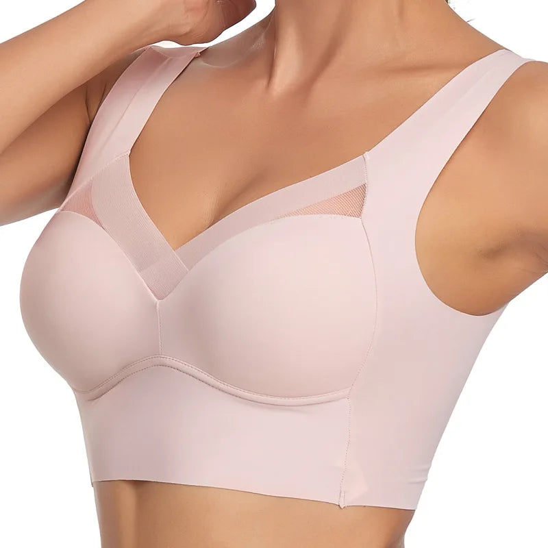 Plus Size Sports Bra - Seamless Wire Free Push Up Brassiere With Wide Straps