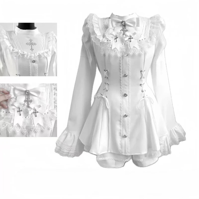 Japanese Y2 Aesthetics Vintage Bow Dress Shorts Set Women Gothic Lolita Style Long Sleeve Shirt Dress Elegant Party Dress Suits