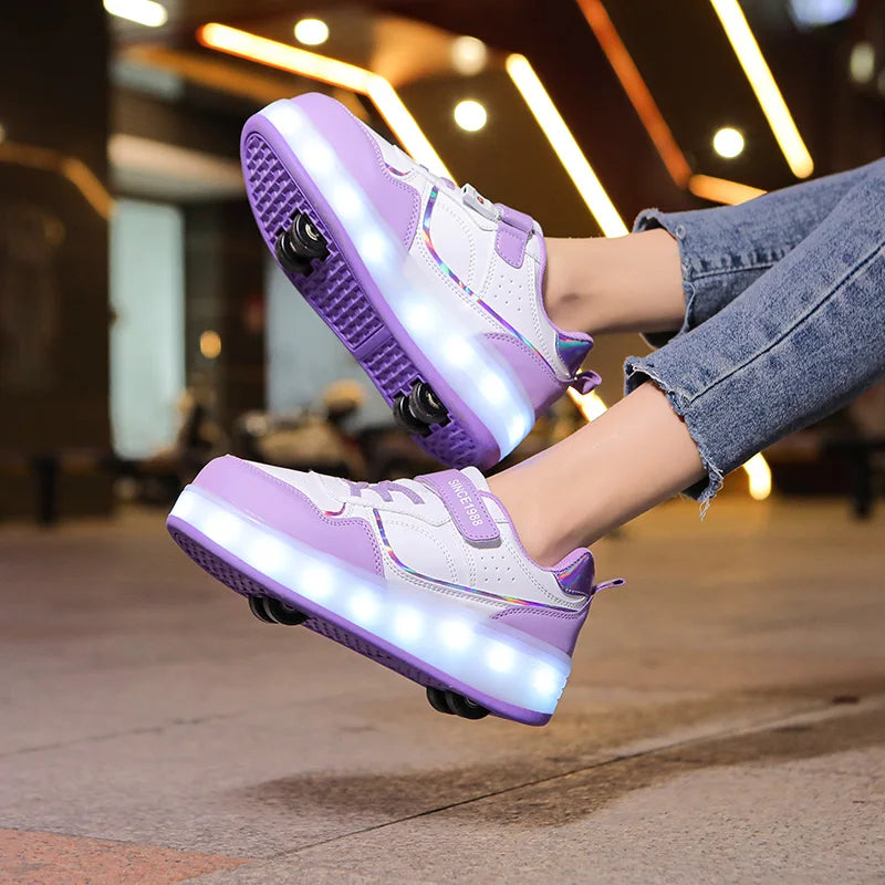 Roller Skate Shoes - Kids LED Light Sneakers With Hook & Loop Closure