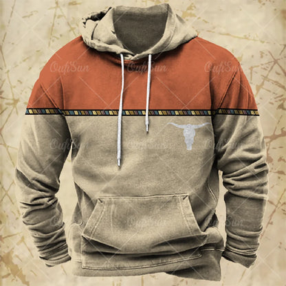 Men Hooded Vintage Print  Sweatshirt Ethnic Style Hoodie Autumn and Winter Oversized Casual Men's Clothing Daily Street Pullover