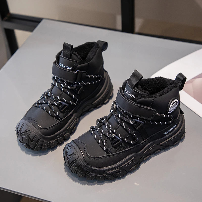 Kids Hiking Shoes Waterproof Leather Boots - Warm Cotton Rubber Sole Winter Footwear