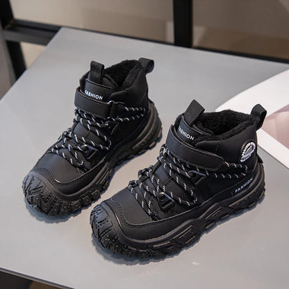 Kids Hiking Shoes Waterproof Leather Boots - Warm Cotton Rubber Sole Winter Footwear