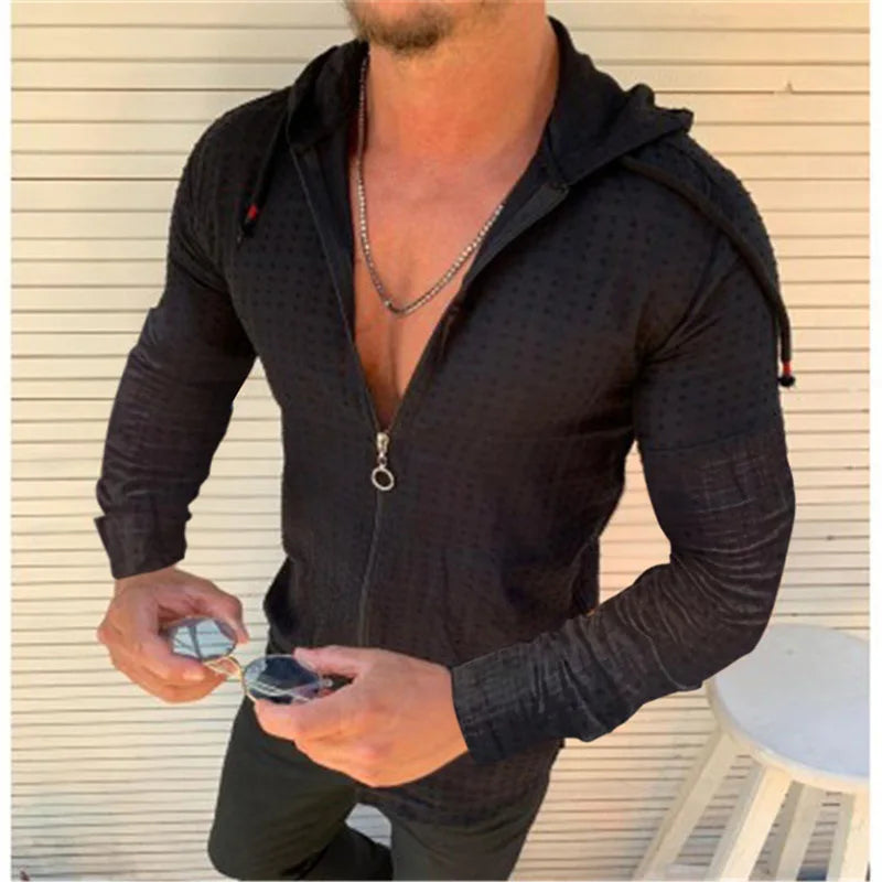 2026 Summer New Men's Cotton Linen Hooded Shirt Lightweight Casual Zipper Slim Fit Vacation Tops Sun Protection Clothing