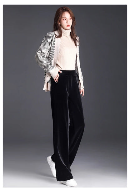 Korean style blue velvet wide leg pants for women in spring and autumn, high-end fashion, loose fit, plus size casual pants