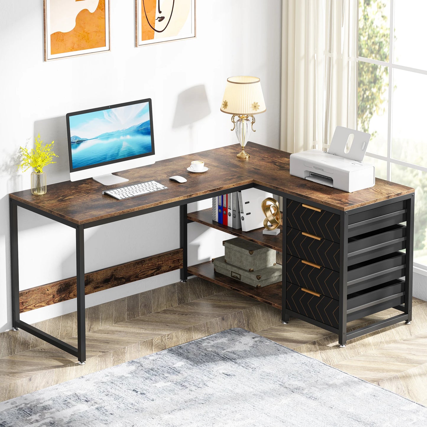 L Shaped Computer Desk - Reversible Corner Office Desk with Drawers & Shelves