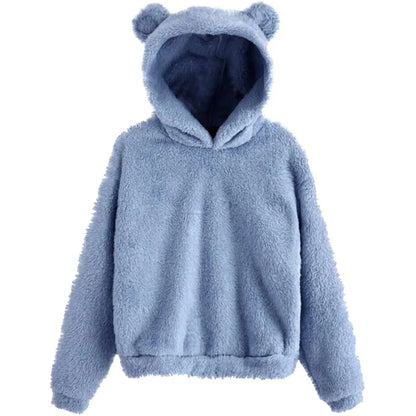 Winter Korean Fashion Bear Ears Cute Loose Hoodie Fluffy Hooded Warm Sweatshirt Long Sleeve Top Solid Pullover Clothes For Women