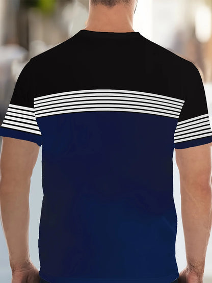 Men's summer breathable and comfortable round neck T-shirt top shorts set with striped pattern print outdoor two-piece set