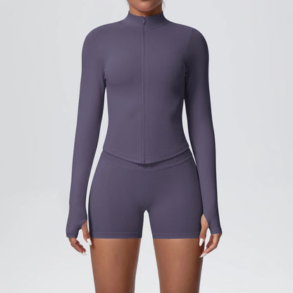 Women Gym Set - Seamless Yoga Suit With Zip Shirt & Cycling Shorts Activewear