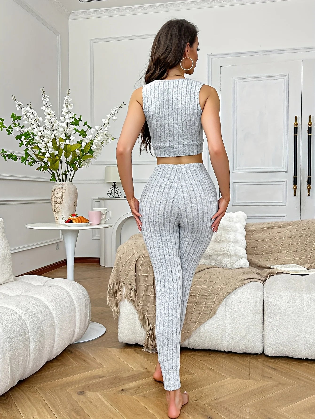 Women's Four-Season Pajamas with Simple V-Neck Short Slim-Fit Top, Sporty Short Tank Top, and Long Pants Two-Piece Set, Suitable for Wearing Outside as Loungewear