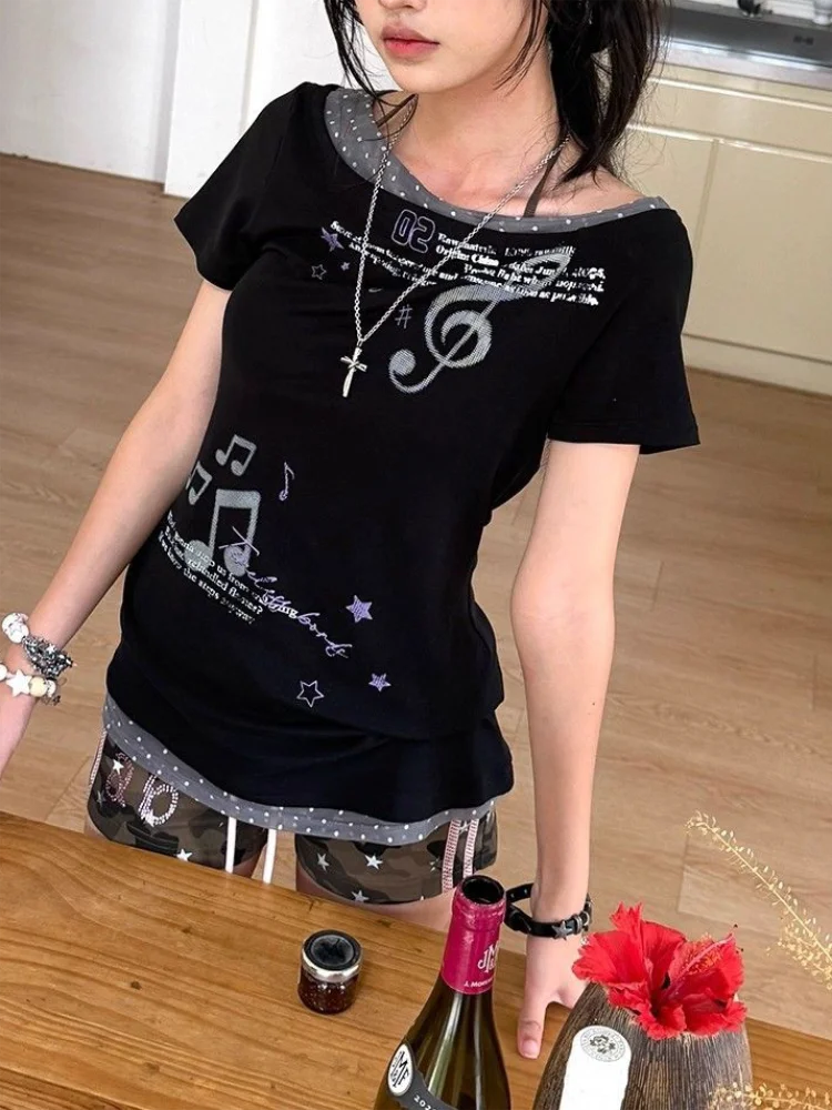 Streetwear Graphic Print T Shirts 2000s Y2k Clothes Top Women Short Sleeve Off Shoulder Sweet Vintage Tshirt False Two-piece