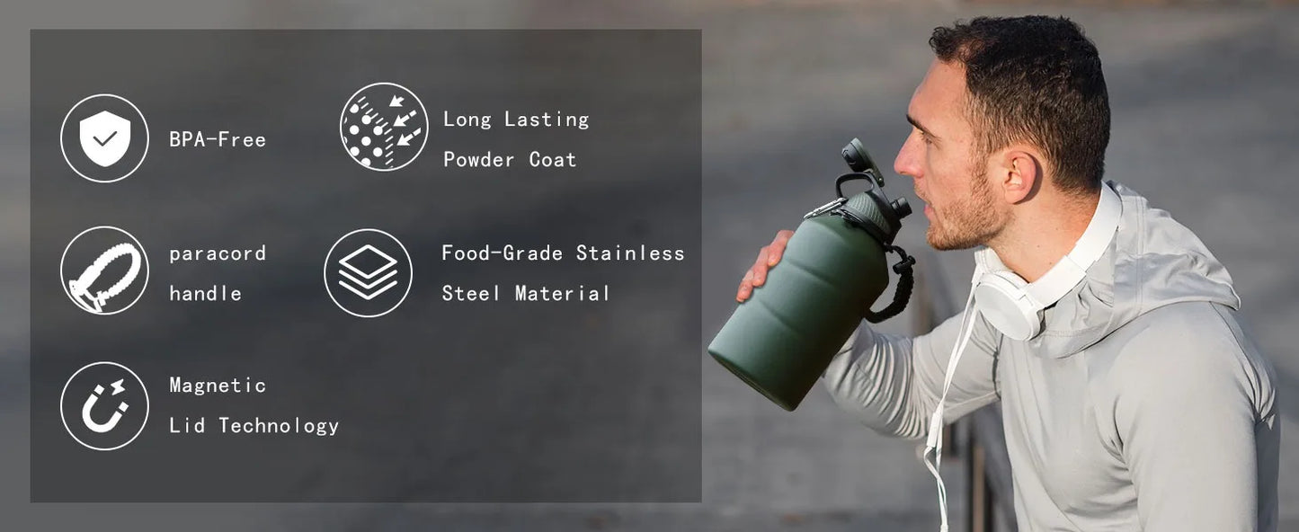 FEIJIAN Thermos Bottle 1.9L Large Capacity Stainless Steel Thermal Water Bottle Cold and Hot Vacuum Flask With rope Gym
