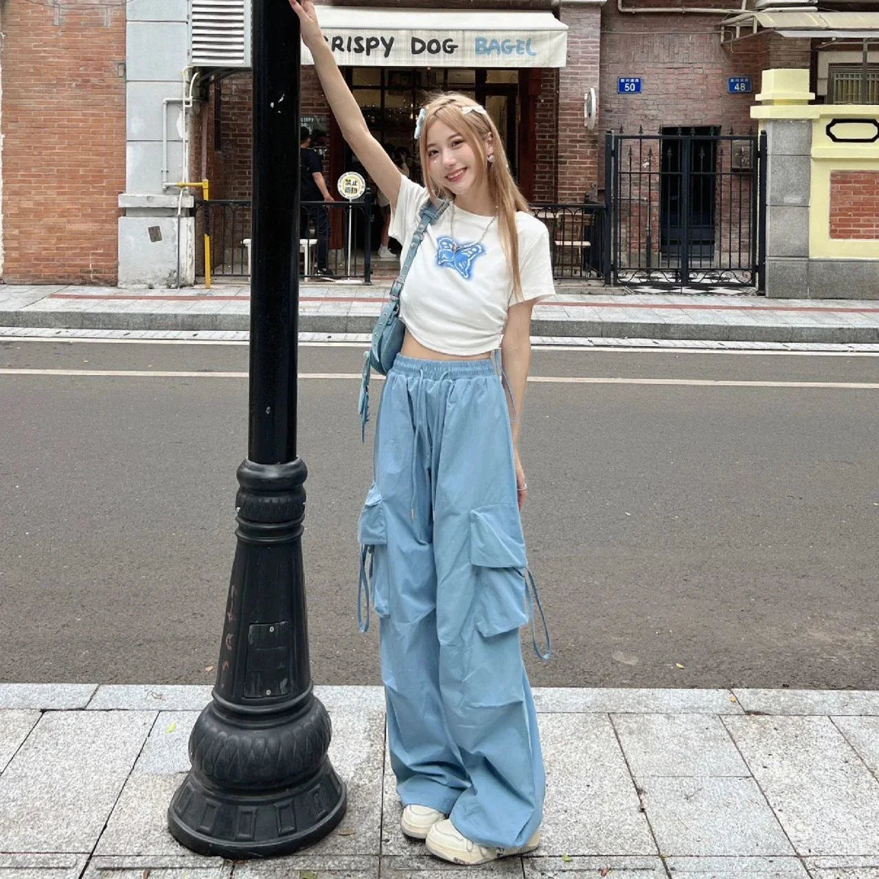Blue Sweet Embroidered Casual Trousers Women Japanese Versatile Trend Summer High Waist Loose Multi Pocket Wide Leg Cargo Pants