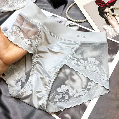 Women Luxury Satin panties Tummly control summer Sexy Lace briefs High waist Plus size Cotton crotch Breathable Underpants Linge
