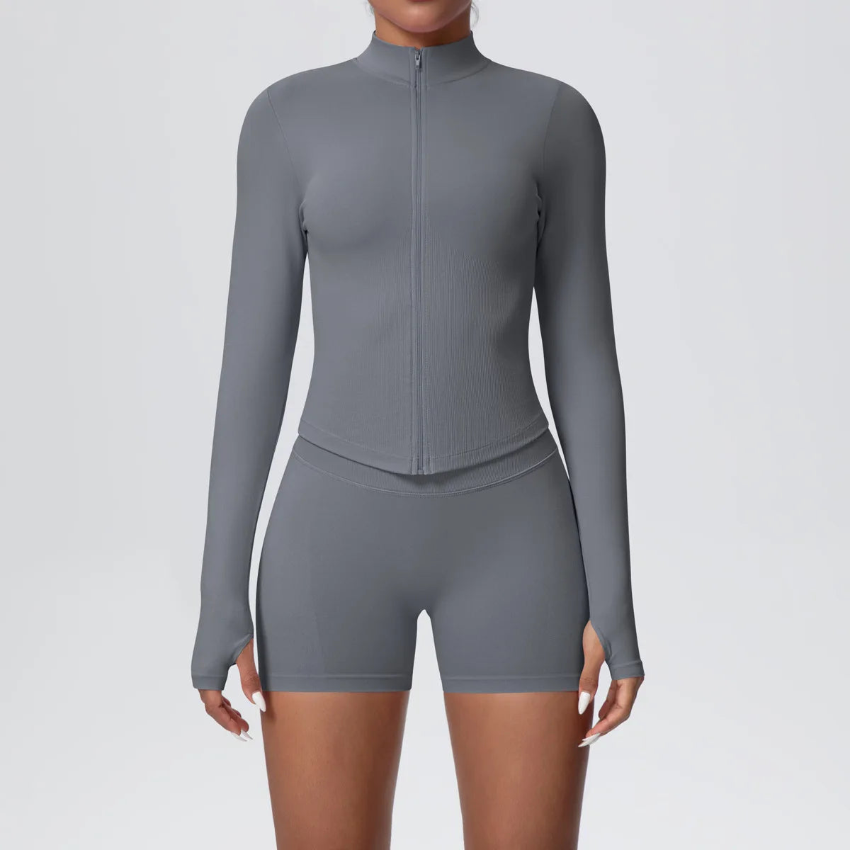 Women Gym Set - Seamless Yoga Suit With Zip Shirt & Cycling Shorts Activewear