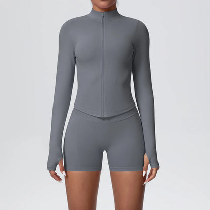 Women Gym Set - Seamless Yoga Suit With Zip Shirt & Cycling Shorts Activewear