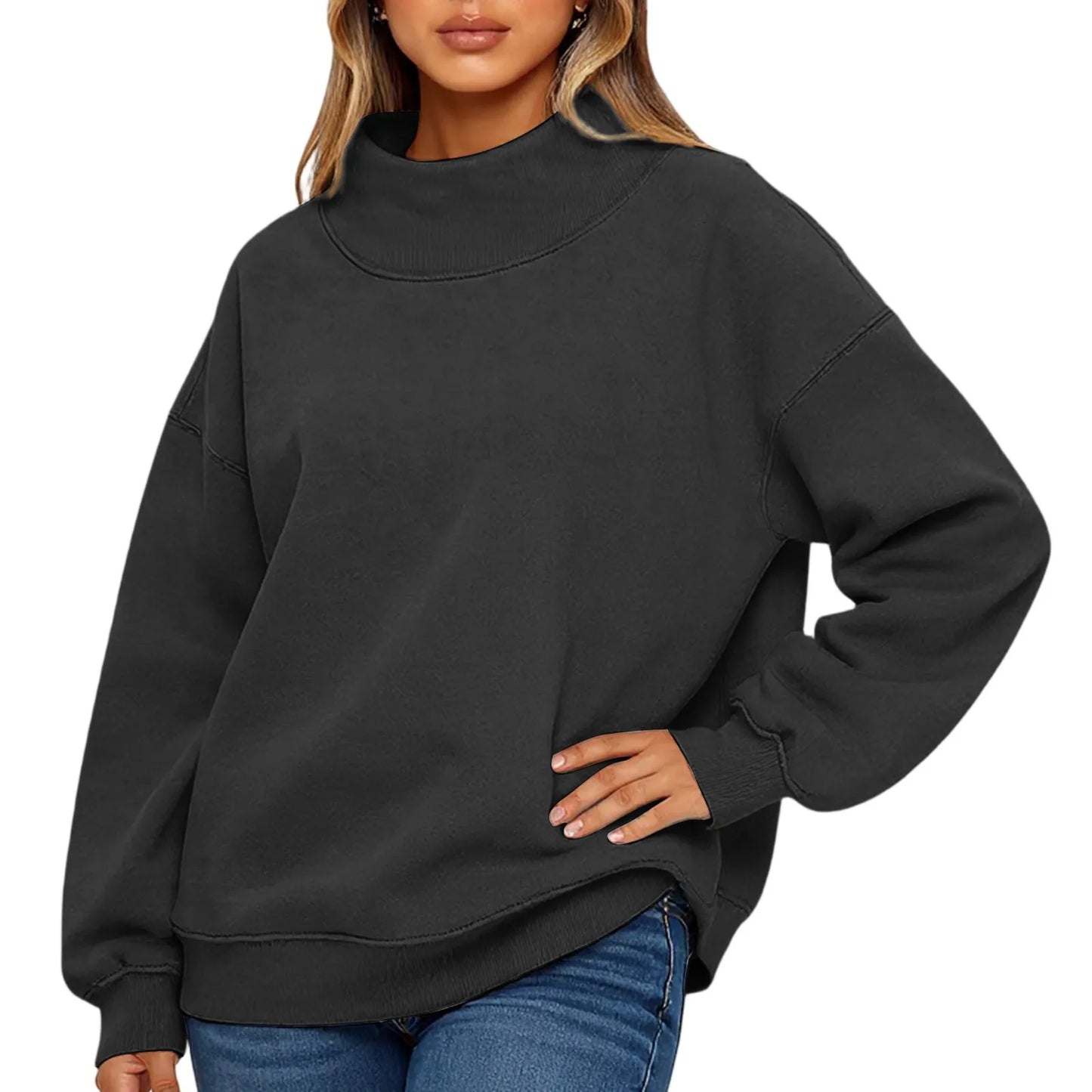 Fashionable Loose High Neck Long Sleeved Solid Color Hoodie for Lady Lazy Style Basic Casual Commuted Pullover Top