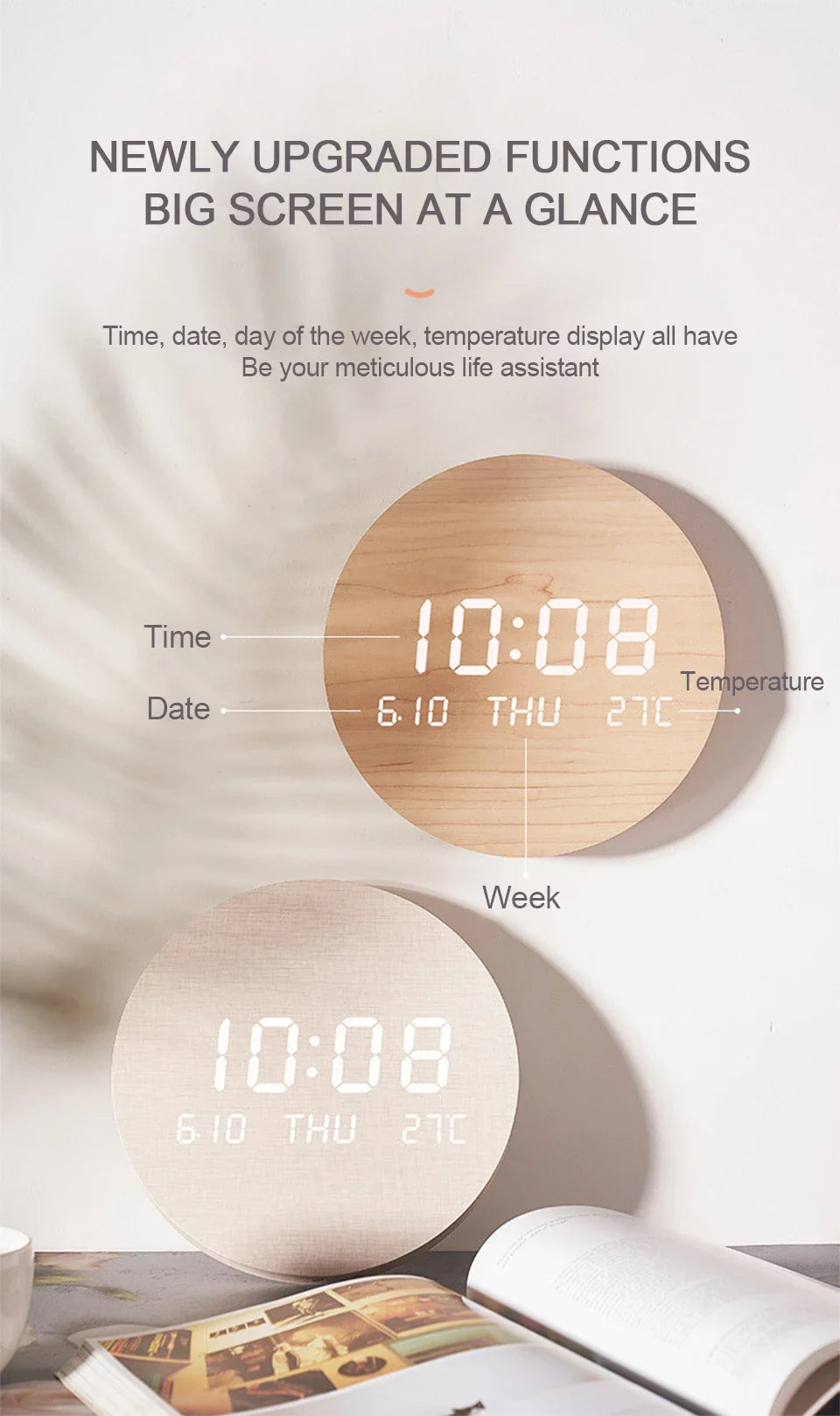 LED Digital Wall Clock - Multi-Function Silent Time  Temperature Display for Home  Bedroom