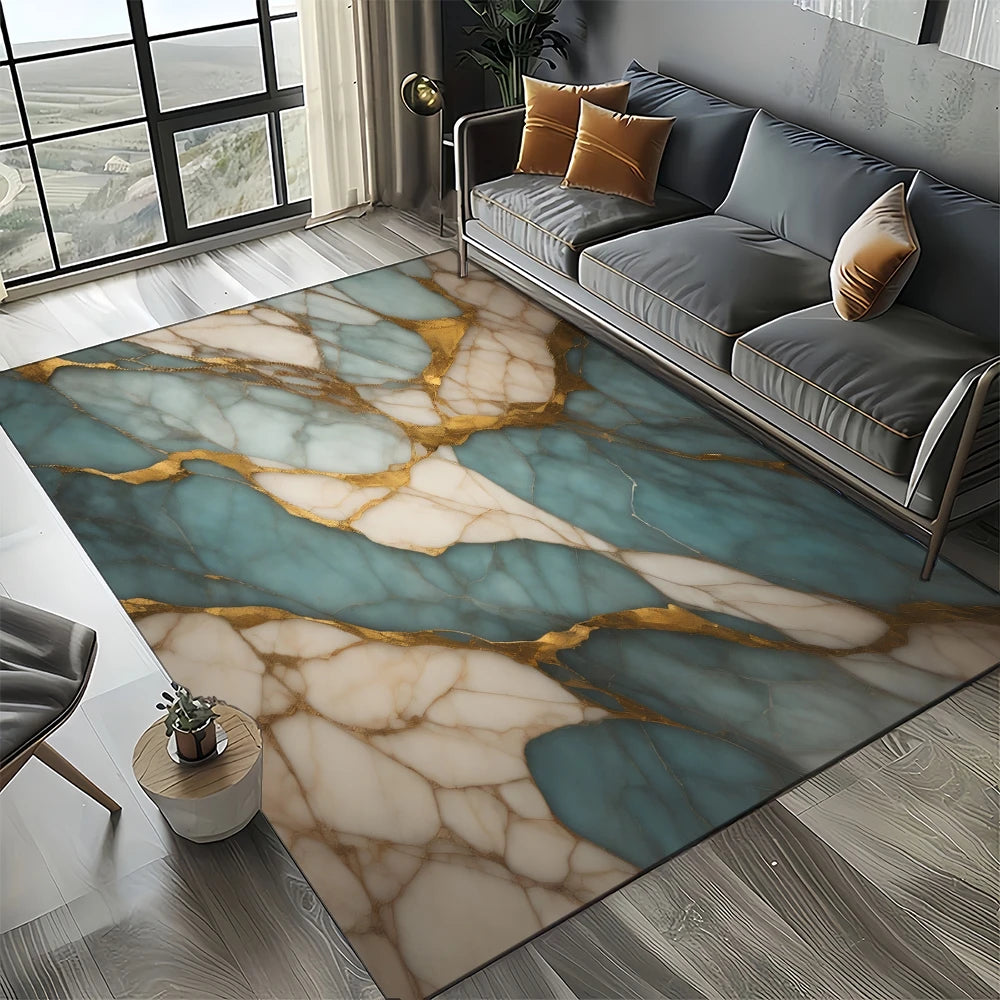 Marble Stone Carpet Rug - Modern Black White Gold Polyester Velvet Area Rug for Living Room