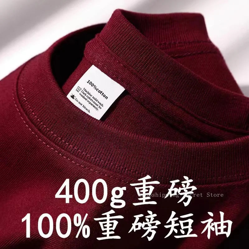 Cyan 400g Heavyweight Cotton Short-sleeved T-shirt Summer Small Neckline Loose Thick Impermeable Men and Women Tees