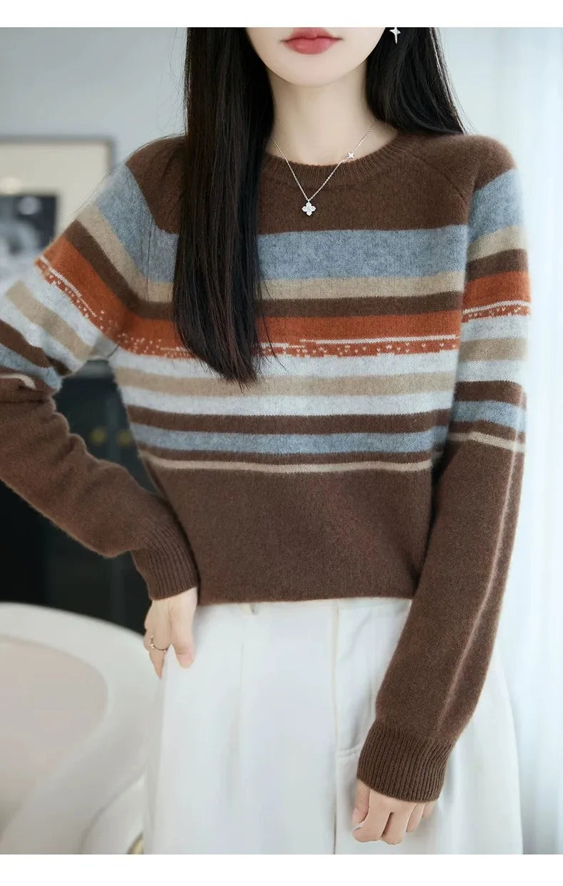 Autumn and winter 100% pure wool striped retro style round-neck wool knit women's long-sleeved versatile sweater top