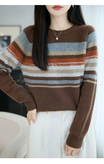 Autumn and winter 100% pure wool striped retro style round-neck wool knit women's long-sleeved versatile sweater top