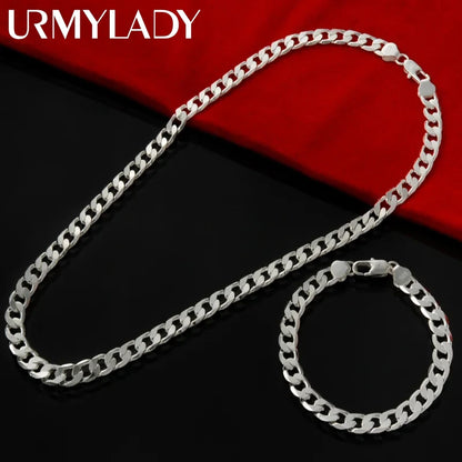 Fine 925 Sterling Silver 6MM Geometry Chain Bracelets Necklaces for Women Man Fashion Designer Party Wedding Jewelry Sets Gifts