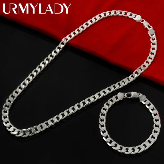 Fine 925 Sterling Silver 6MM Geometry Chain Bracelets Necklaces for Women Man Fashion Designer Party Wedding Jewelry Sets Gifts