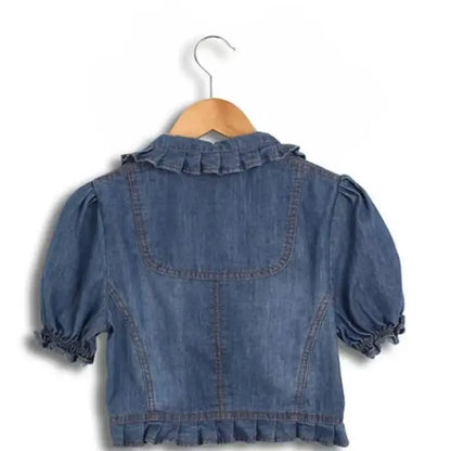 Vintage Blue Denim Jackets Short Sleeve Slim Fit Summer Women Jacket Coats Cute Petter Pan Collar Ruffled Sweet Women Japanese