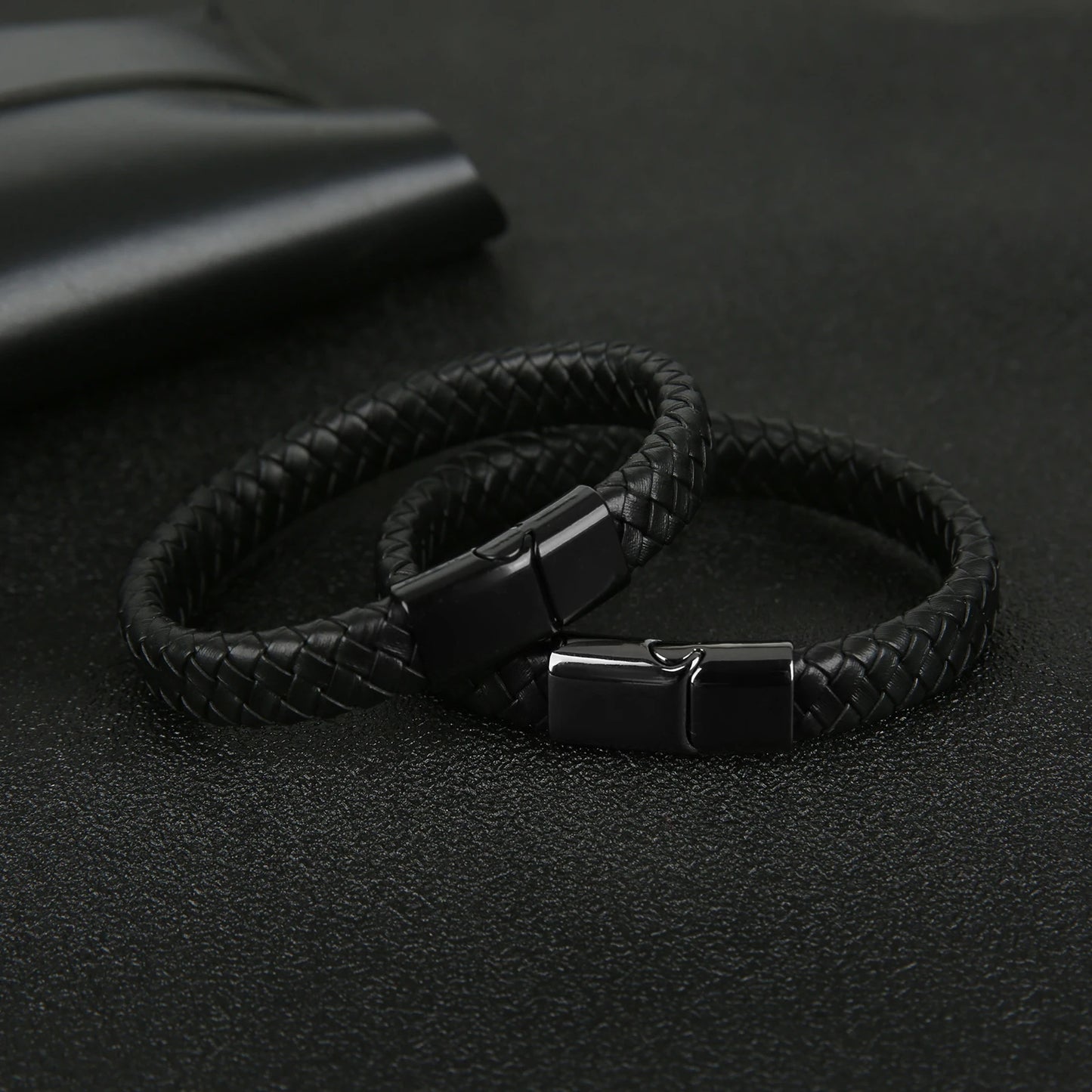 Mibrow Braided Black Leather Men Bracelet 10x5 12x6mm Size Fashion Metal Magnetic Clasp Wrap Bracelets Punk Charm Men Jewelry