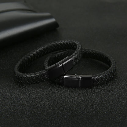 Mibrow Braided Black Leather Men Bracelet 10x5 12x6mm Size Fashion Metal Magnetic Clasp Wrap Bracelets Punk Charm Men Jewelry