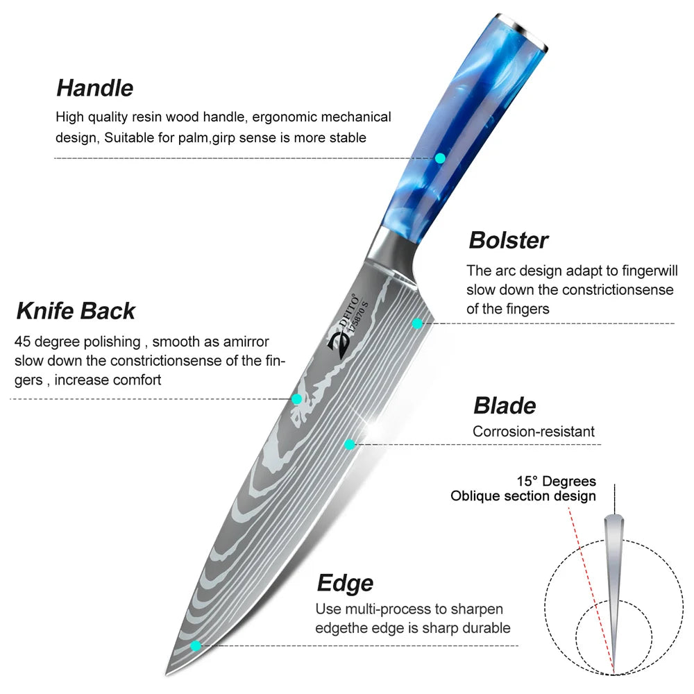 Damascus Steel Kitchen Knife Set - 8-Piece Chef Utility Paring Boning Cleaver Santoku with Nylon Bag