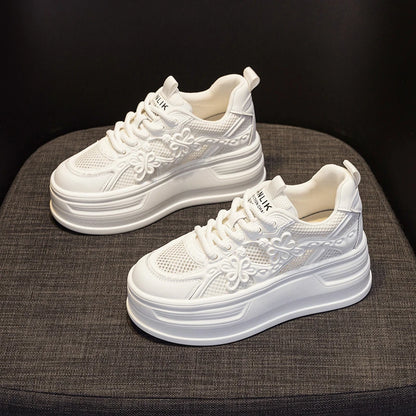 Womens White Mesh Platform Sneakers Breathable Thick Sole Casual Shoes With Flower Embroidery Lightweight Non Slip For Summer Da